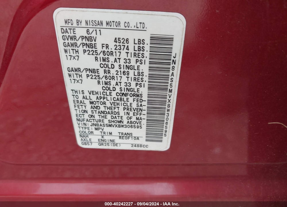 2011 NISSAN ROGUE VIN: JN8AS5MVXBW306595