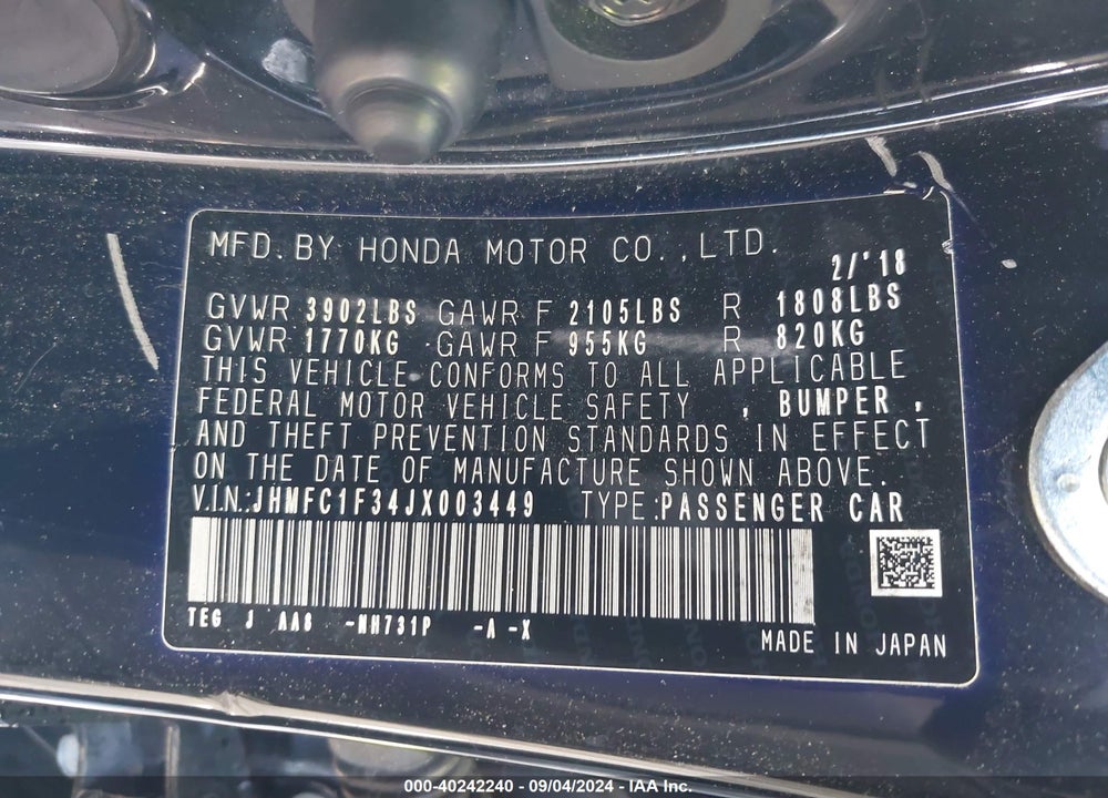 2018 HONDA CIVIC EX-T VIN: JHMFC1F34JX003449