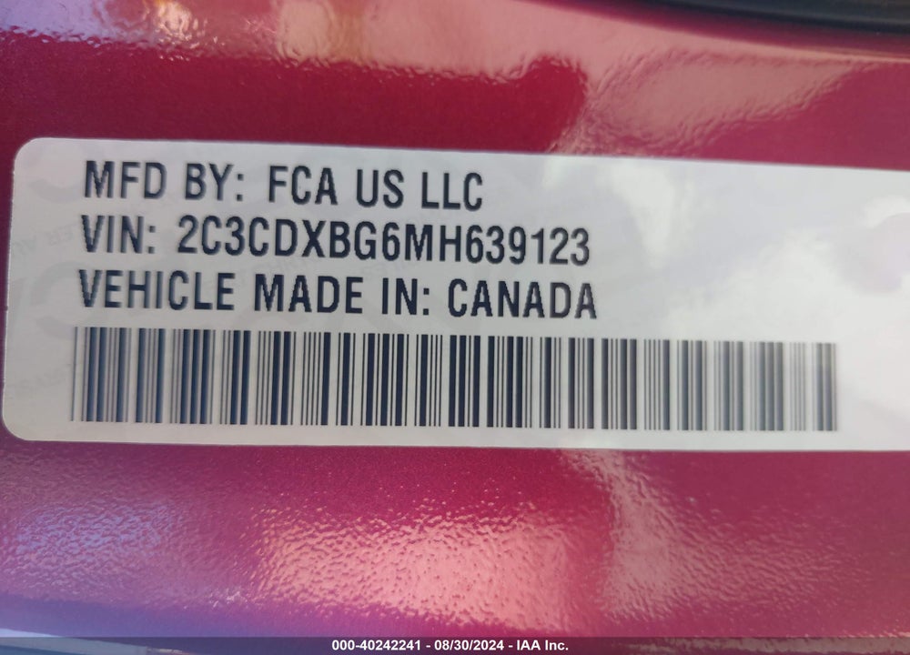 2021 DODGE CHARGER VIN: 2C3CDXBG6MH639123