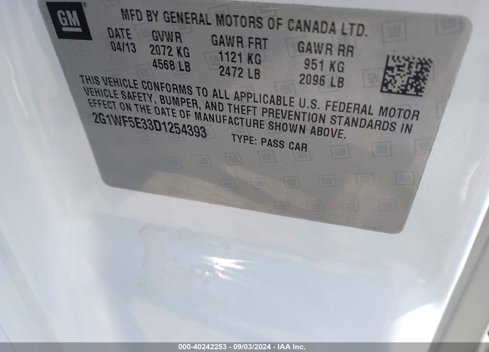 2013 CHEVROLET IMPALA LS VIN: 2G1WF5E33D1254393