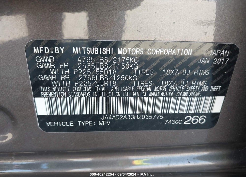 2017 MITSUBISHI OUTLANDER ES VIN: JA4AD2A33HZ035775