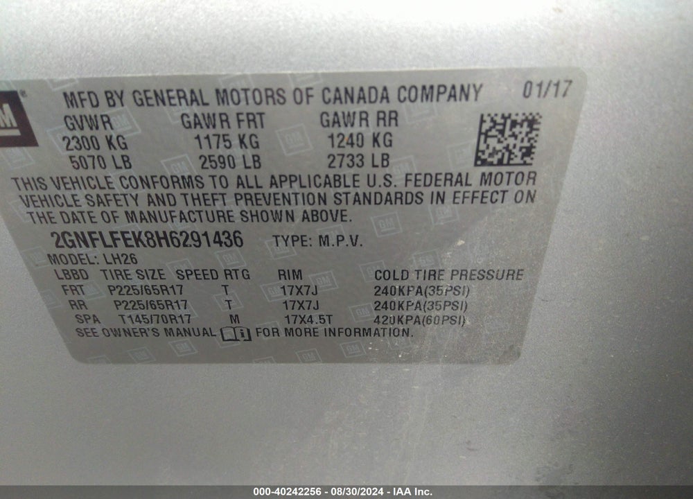 2017 CHEVROLET EQUINOX LT VIN: 2GNFLFEK8H6291436