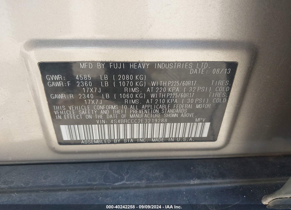2014 SUBARU OUTBACK 2.5I PREMIUM VIN: 4S4BRCCC2E3219288