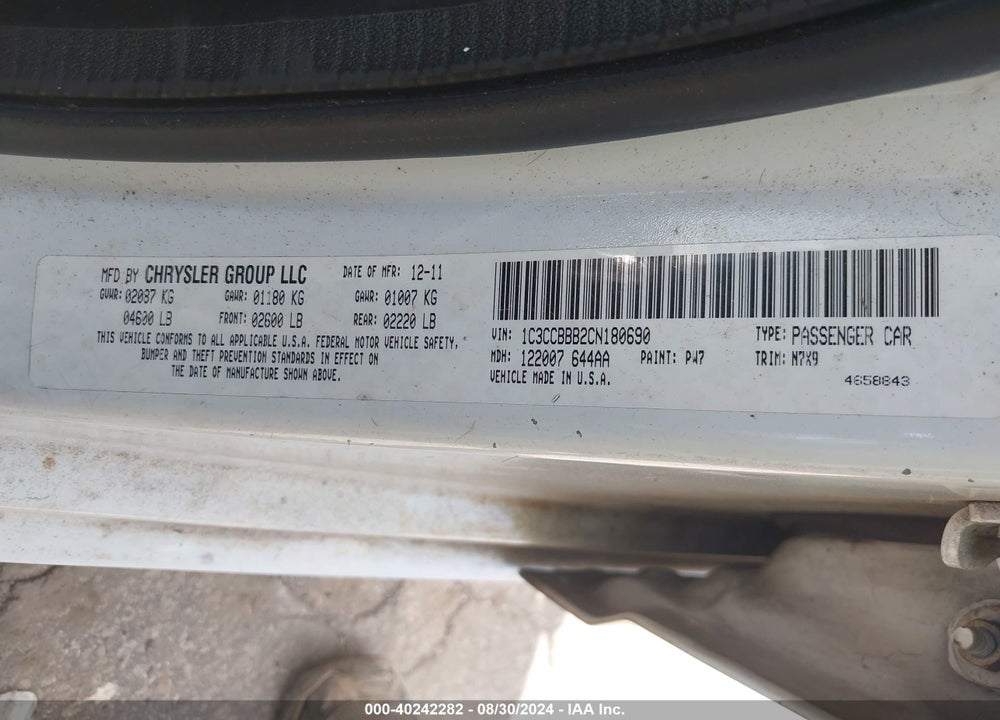 2012 CHRYSLER 200 TOURING VIN: 1C3CCBBB2CN180690