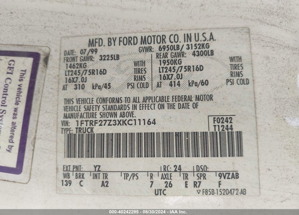 1999 FORD F-250 LARIAT/WORK SERIES/XL/XLT VIN: 1FTRF27Z3XKC11164