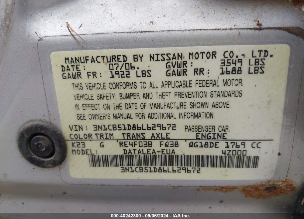 2006 NISSAN SENTRA VIN: 3N1CB51D86L629672