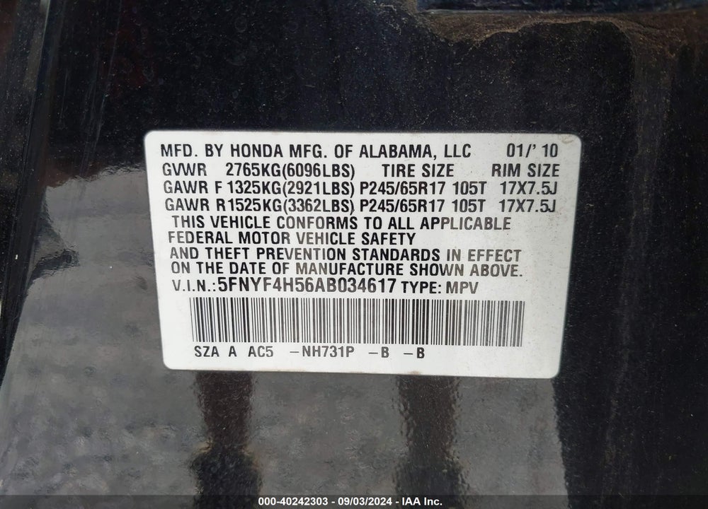 2010 HONDA PILOT EX-L VIN: 5FNYF4H56AB034617