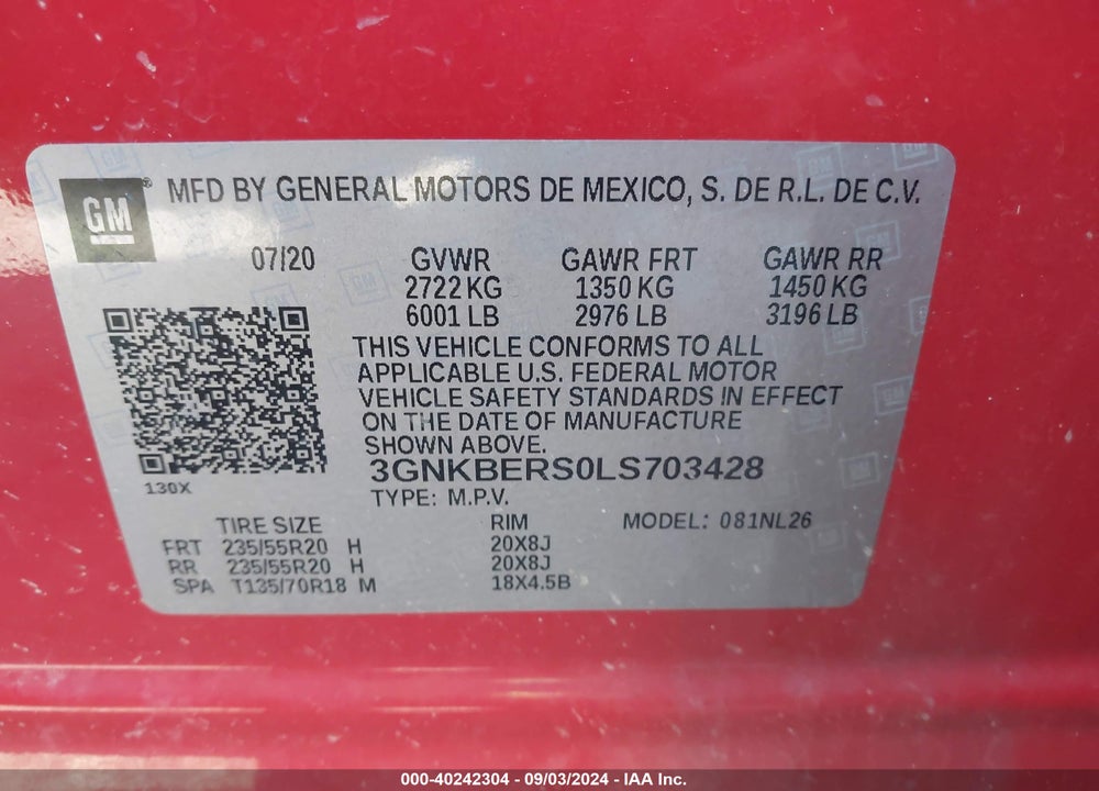 2020 CHEVROLET BLAZER FWD RS VIN: 3GNKBERS0LS703428