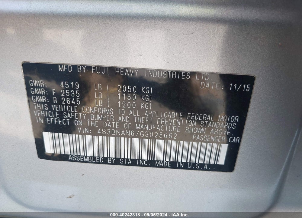 2016 SUBARU LEGACY 2.5I LIMITED VIN: 4S3BNAN67G3025662