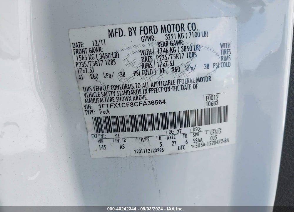 2012 FORD F-150 XL VIN: 1FTFX1CF8CFA36564