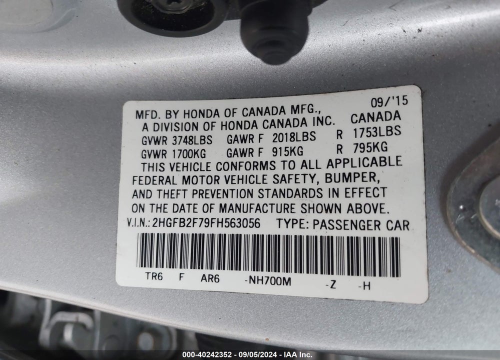 2015 HONDA CIVIC SE VIN: 2HGFB2F79FH563056