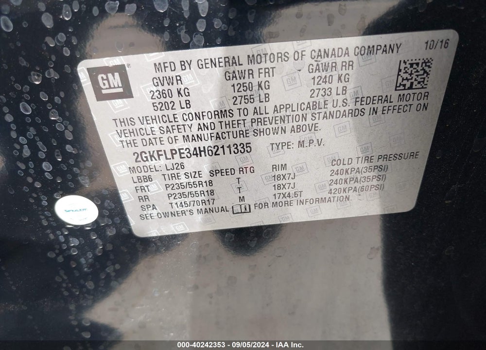 2017 GMC TERRAIN SLT VIN: 2GKFLPE34H6211335