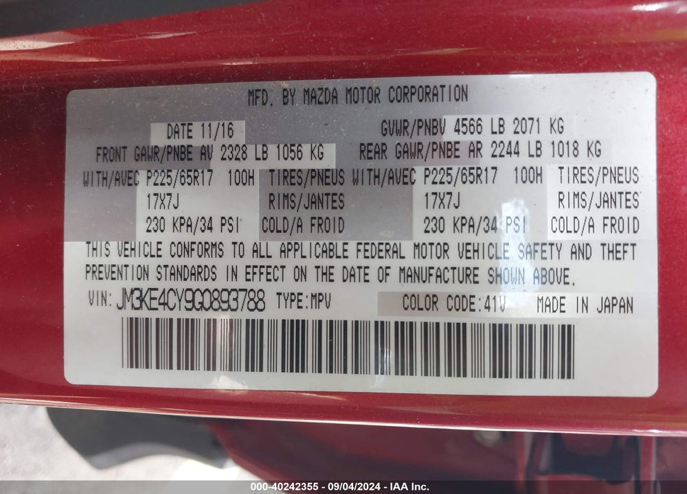 2016 MAZDA CX-5 TOURING VIN: JM3KE4CY9G0893788