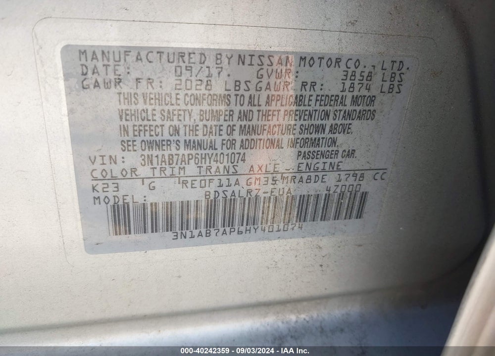 2017 NISSAN SENTRA SR VIN: 3N1AB7AP6HY401074