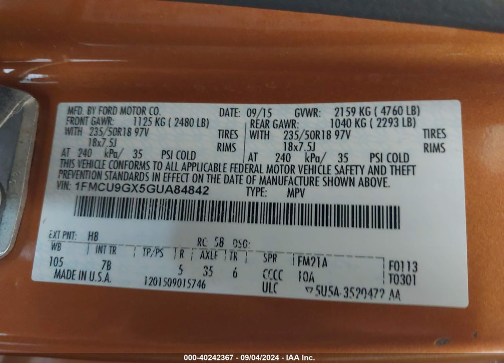 2016 FORD ESCAPE SE VIN: 1FMCU9GX5GUA84842