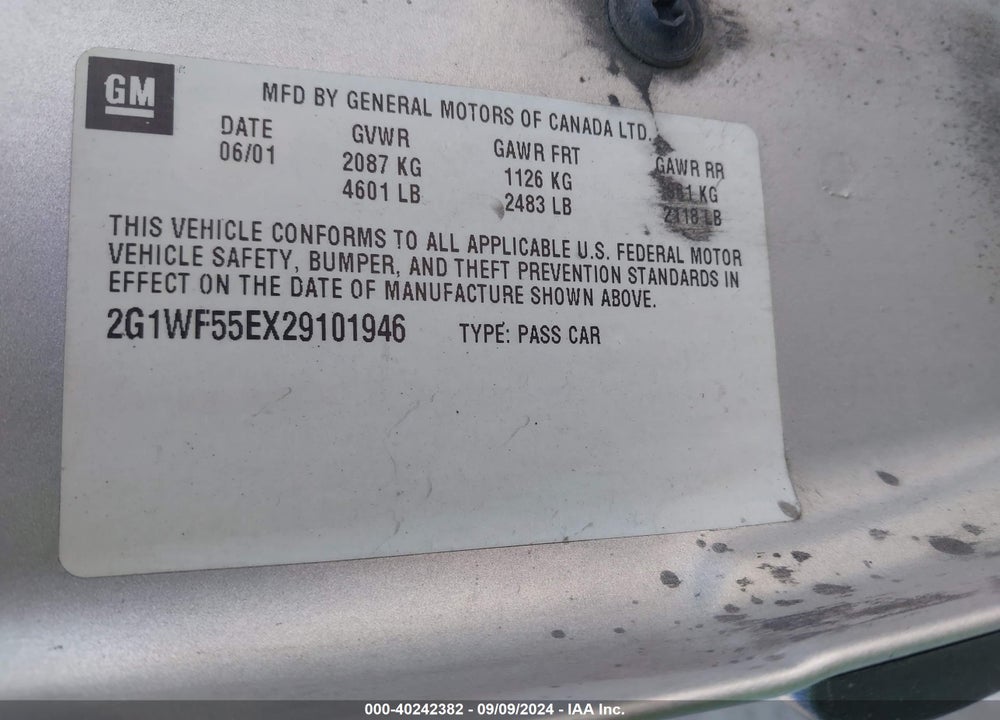 2002 CHEVROLET IMPALA VIN: 2G1WF55EX29101946