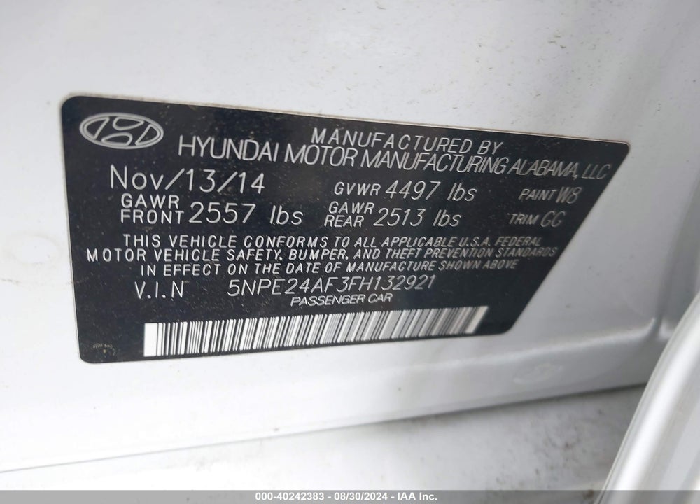 2015 HYUNDAI SONATA SE VIN: 5NPE24AF3FH132921