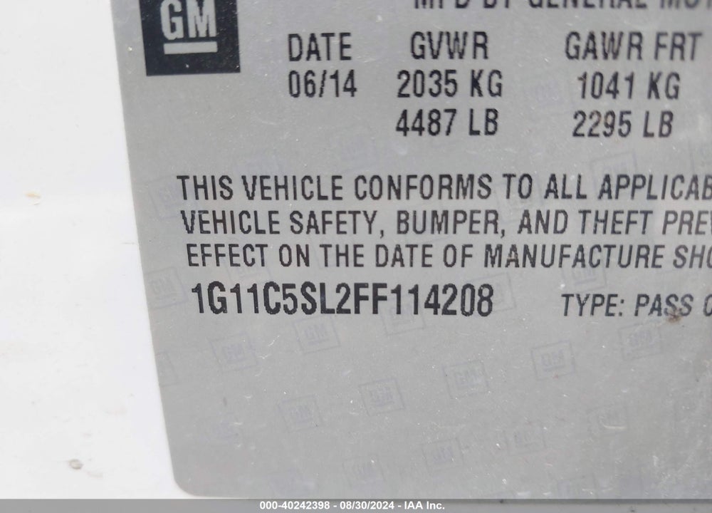 2015 CHEVROLET MALIBU 1LT VIN: 1G11C5SL2FF114208