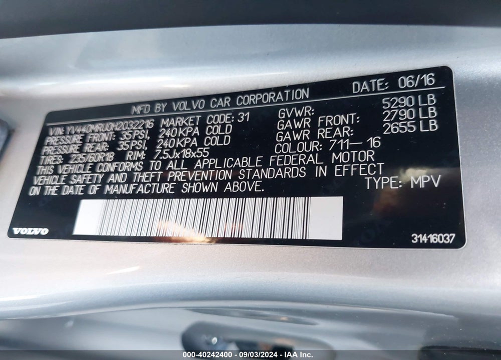 2017 VOLVO XC60 T5 INSCRIPTION VIN: YV440MRU0H2032216