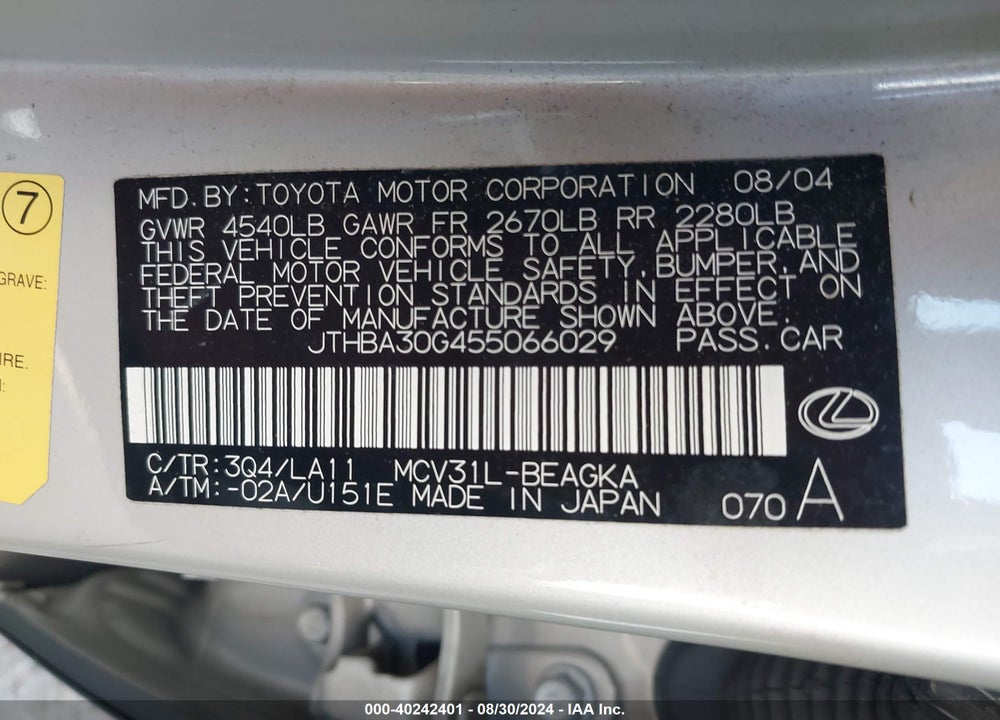 2005 LEXUS ES 330 VIN: JTHBA30G455066029