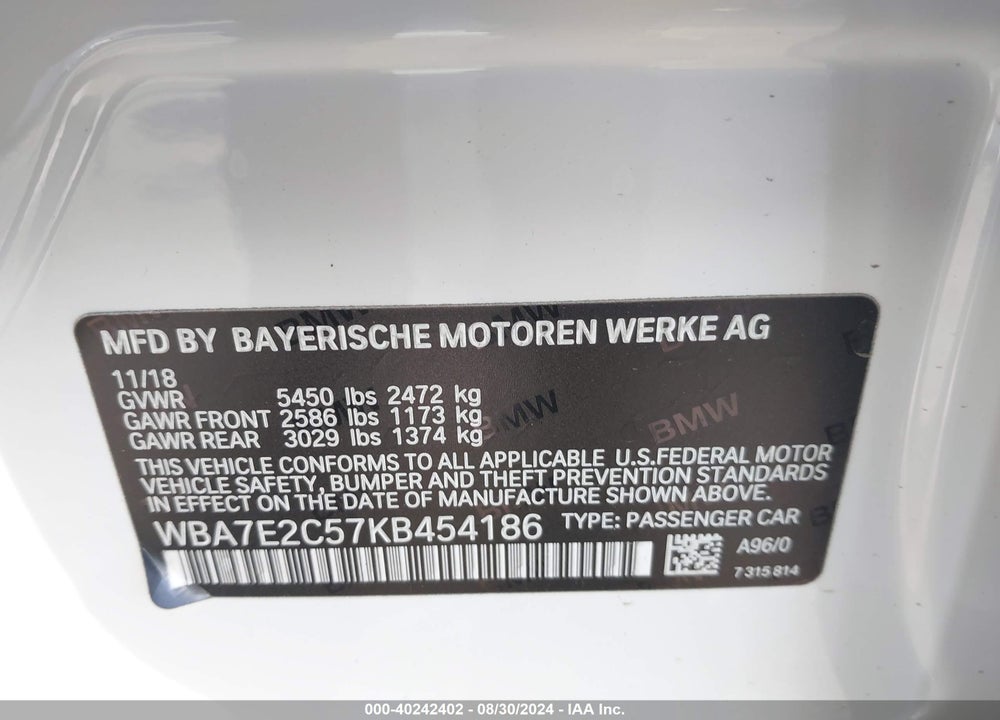 2019 BMW 740I VIN: WBA7E2C57KB454186