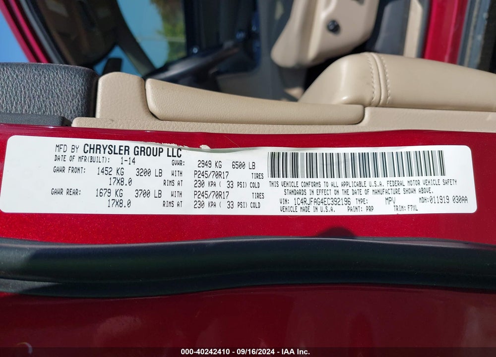2014 JEEP GRAND CHEROKEE LAREDO VIN: 1C4RJFAG4EC392196