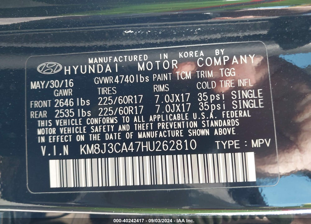 2017 HYUNDAI TUCSON SE VIN: KM8J3CA47HU262810
