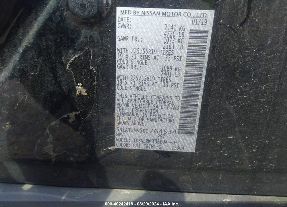 2019 NISSAN ROGUE SL VIN: 5N1AT2MV5KC764534