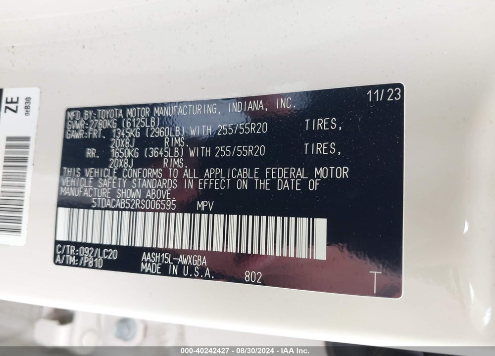 2024 TOYOTA GRAND HIGHLANDER HYBRID LIMITED VIN: 5TDACAB52RS006595