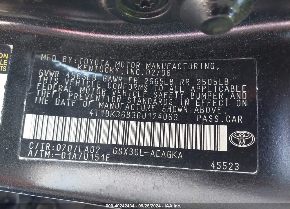 2006 TOYOTA AVALON XLS VIN: 4T1BK36B36U124063
