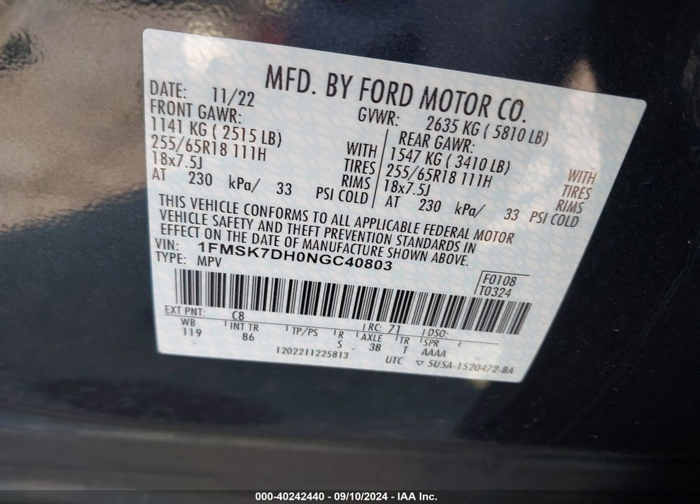 2022 FORD EXPLORER XLT VIN: 1FMSK7DH0NGC40803