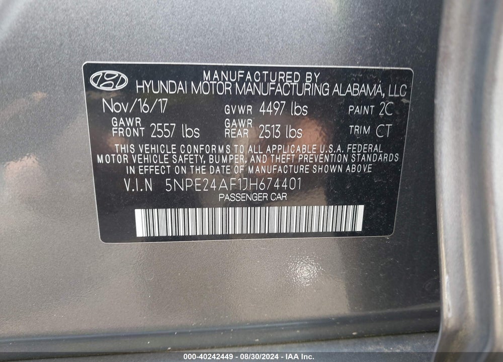 2018 HYUNDAI SONATA SE VIN: 5NPE24AF1JH674401