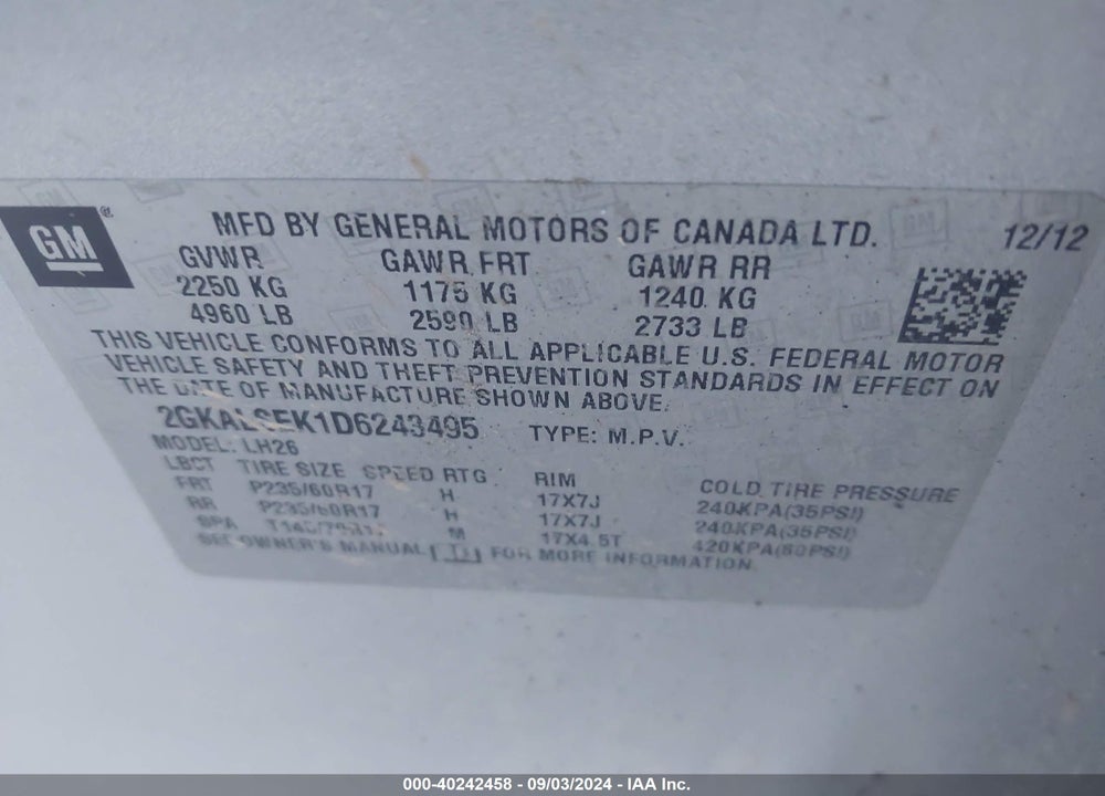 2013 GMC TERRAIN SLE-2 VIN: 2GKALSEK1D6243495