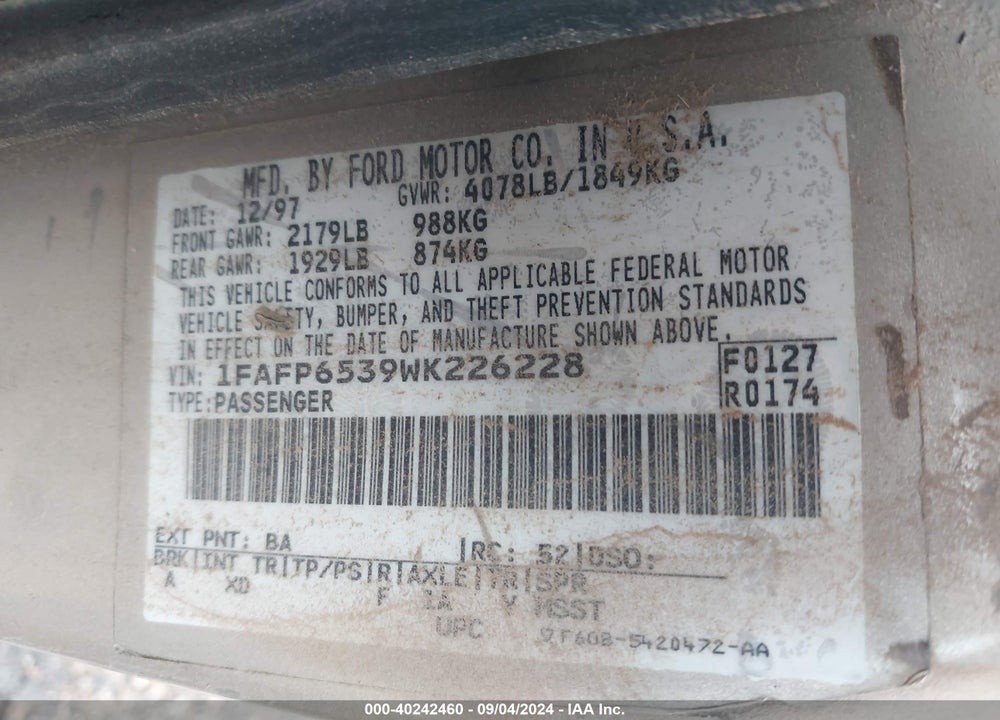 1998 FORD CONTOUR VIN: 1FAFP6539WK226228