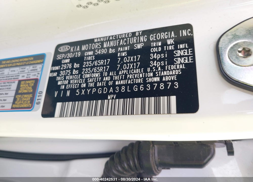 2020 KIA SORENTO 2.4L LX VIN: 5XYPGDA38LG637873