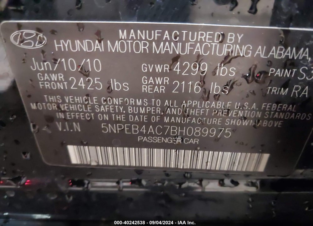 2011 HYUNDAI SONATA GLS VIN: 5NPEB4AC7BH089975