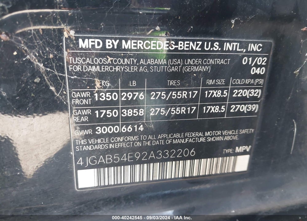 2002 MERCEDES-BENZ ML 320 VIN: 4JGAB54E92A332206