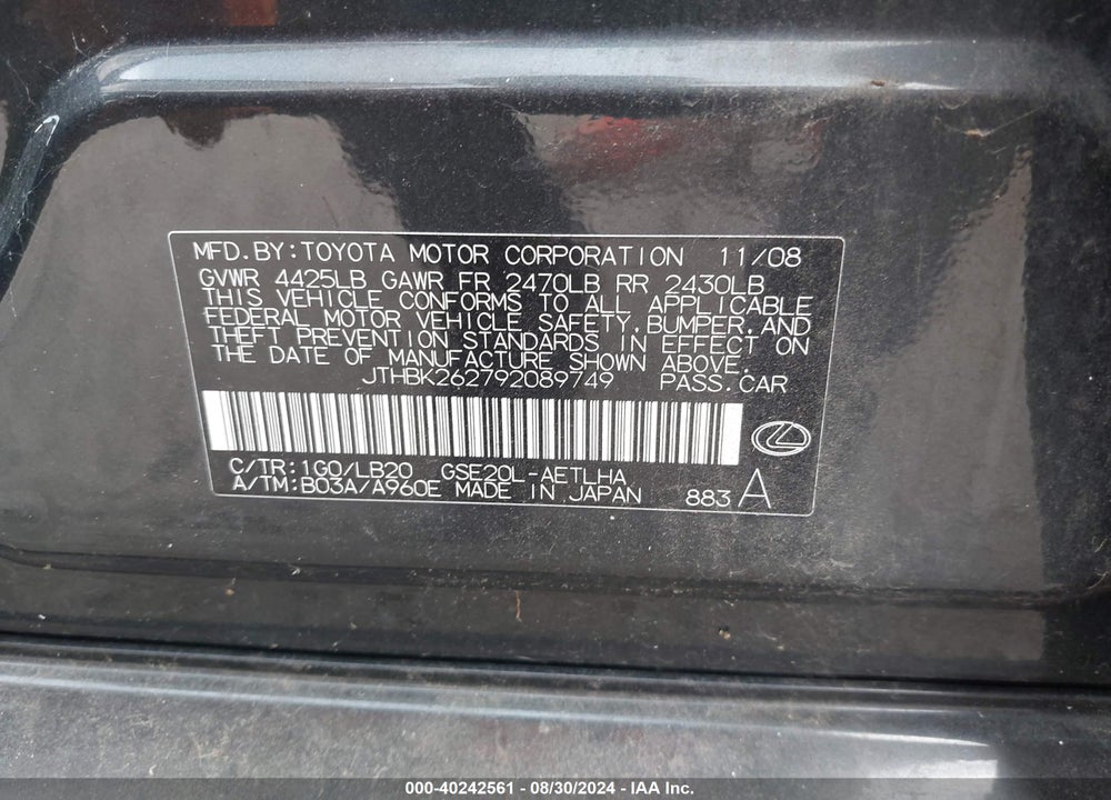 2009 LEXUS IS 250 VIN: JTHBK262792089749