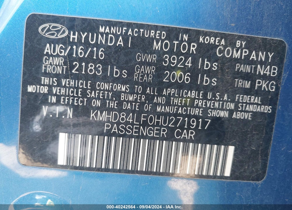 2017 HYUNDAI ELANTRA SE VIN: KMHD84LF0HU271917