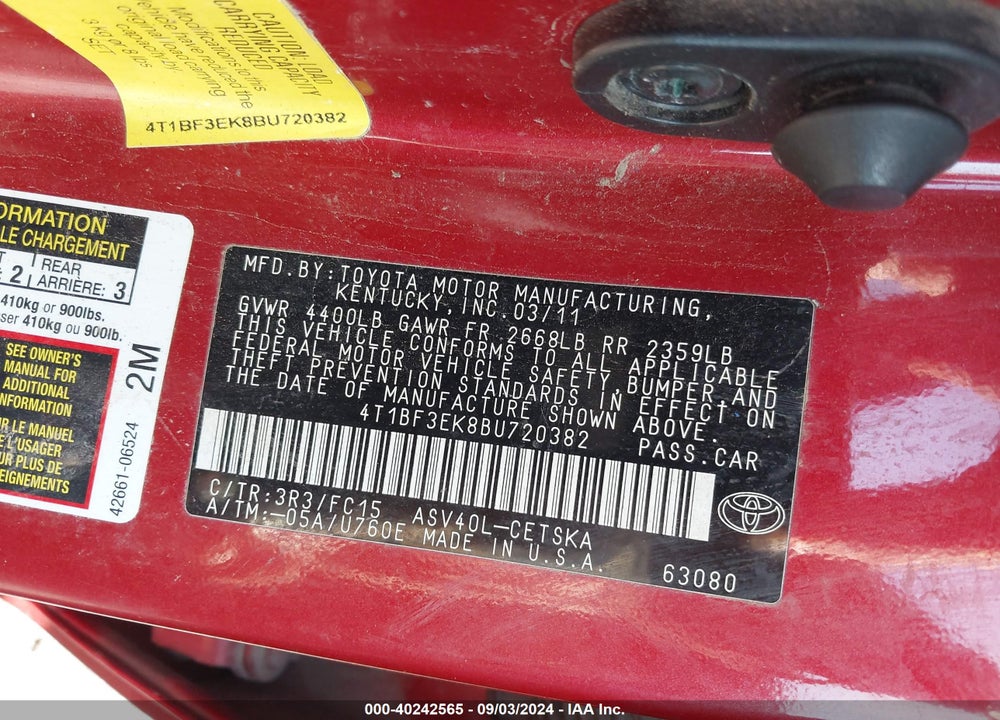 2011 TOYOTA CAMRY SE VIN: 4T1BF3EK8BU720382