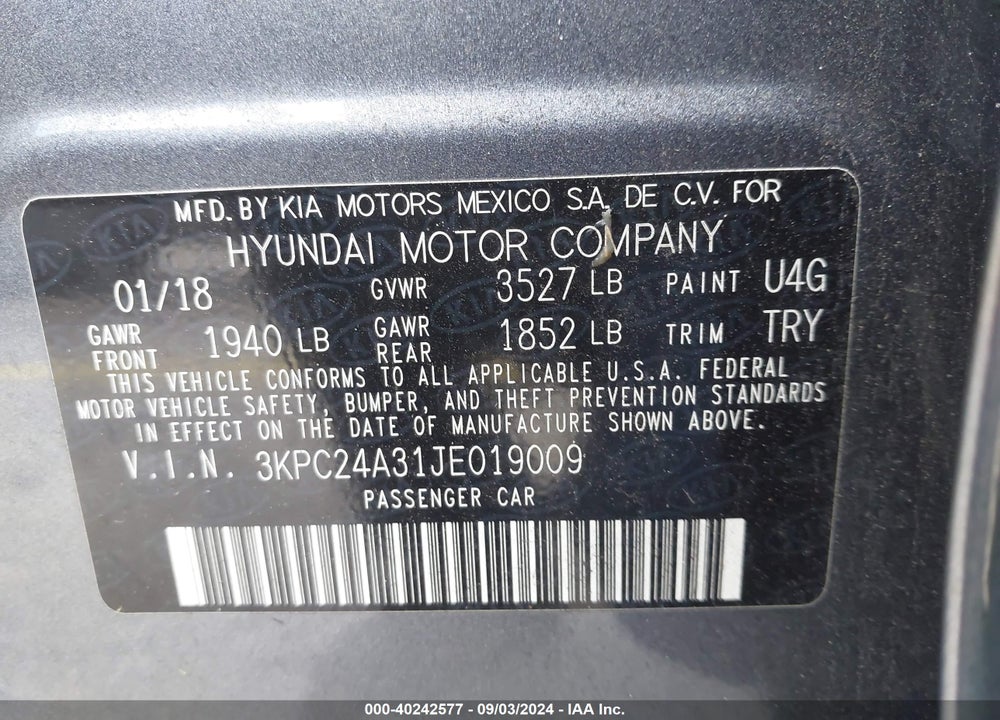 2018 HYUNDAI ACCENT SE VIN: 3KPC24A31JE019009