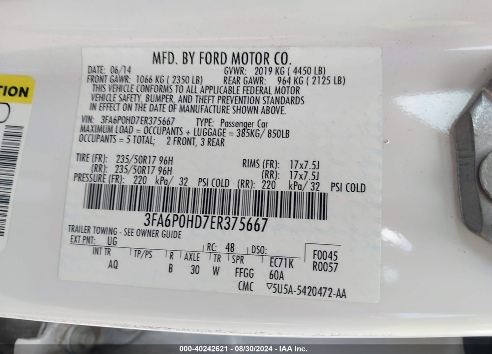 2014 FORD FUSION SE VIN: 3FA6P0HD7ER375667