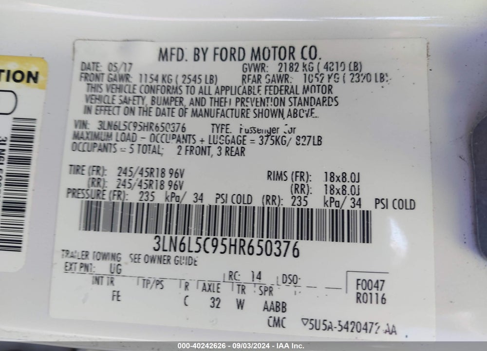 2017 LINCOLN MKZ VIN: 3LN6L5C95HR650376