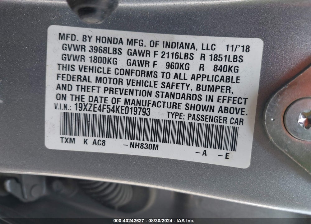 2019 HONDA INSIGHT EX VIN: 19XZE4F54KE019793