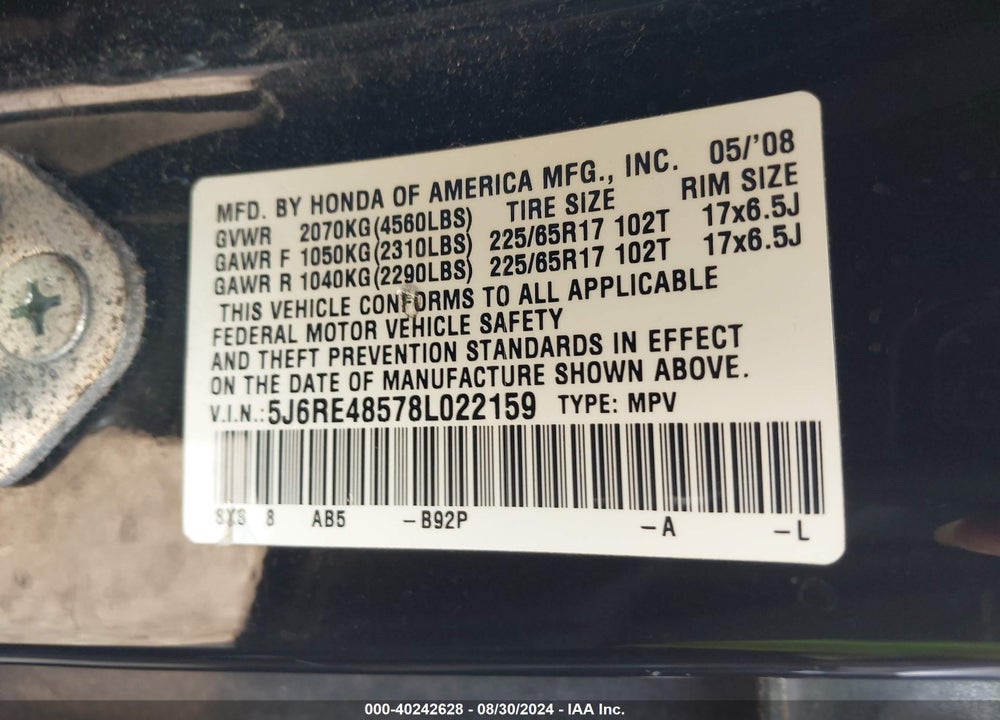 2008 HONDA CR-V EX VIN: 5J6RE48578L022159