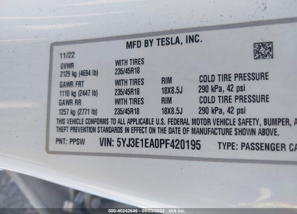 2023 TESLA MODEL 3 REAR-WHEEL DRIVE VIN: 5YJ3E1EA0PF420195