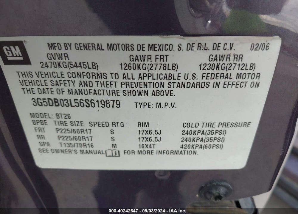 2006 BUICK RENDEZVOUS VIN: 3G5DB03L56S619879