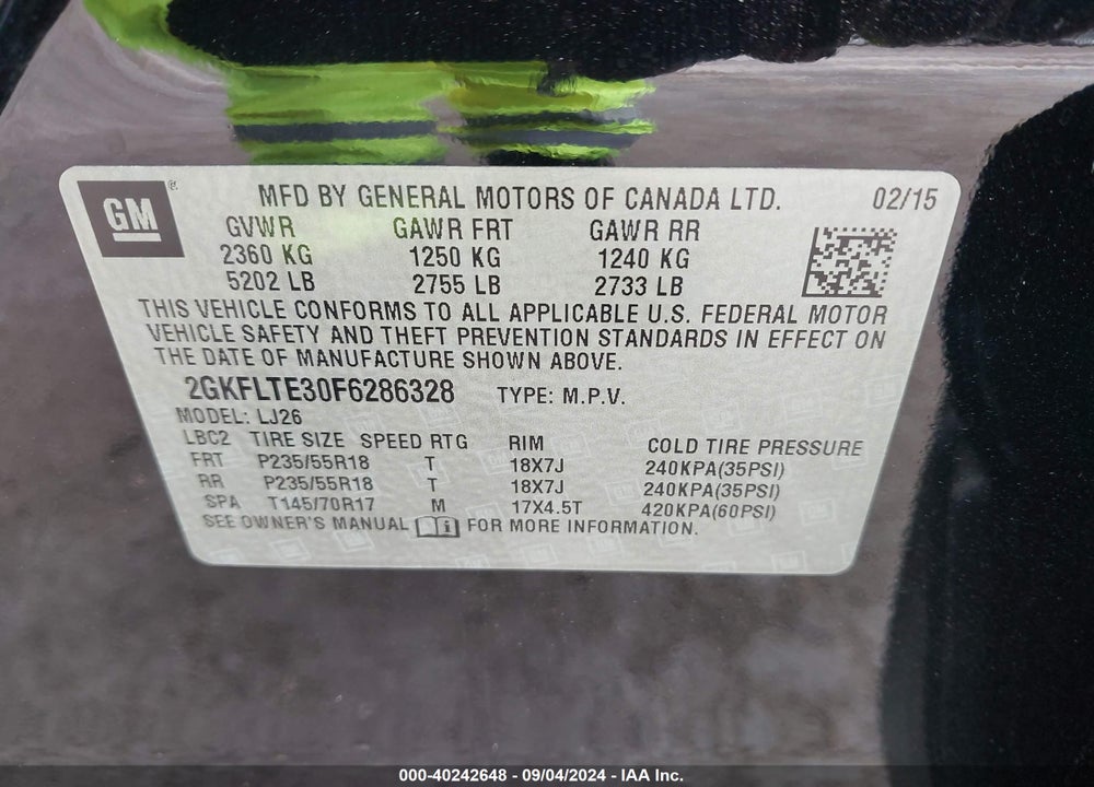 2015 GMC TERRAIN SLT-2 VIN: 2GKFLTE30F6286328