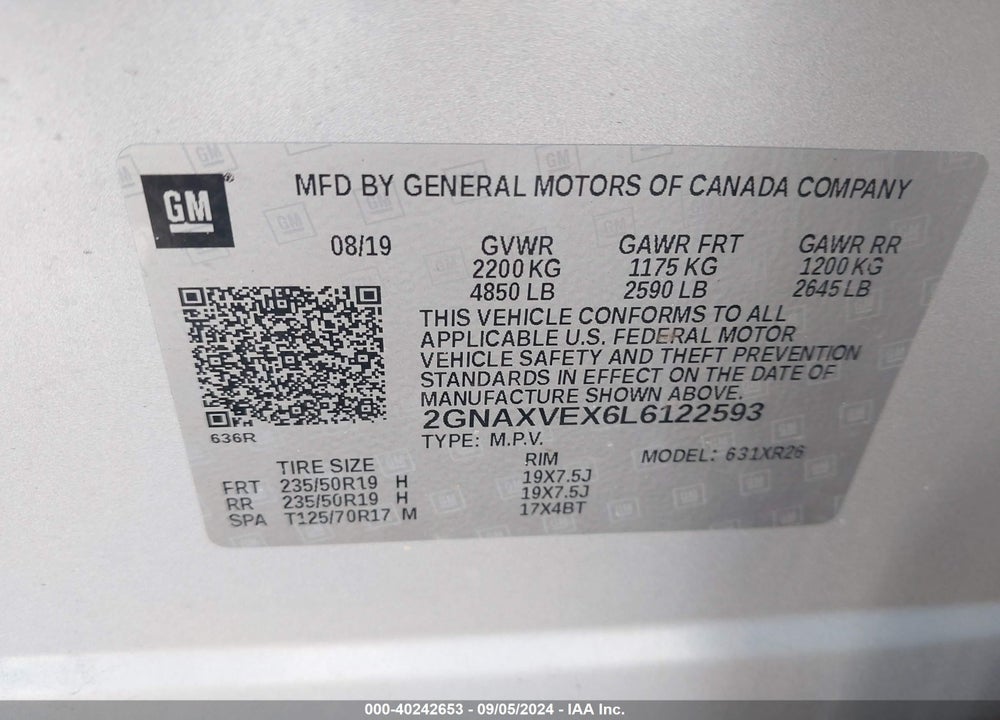 2020 CHEVROLET EQUINOX AWD LT 2.0L TURBO VIN: 2GNAXVEX6L6122593