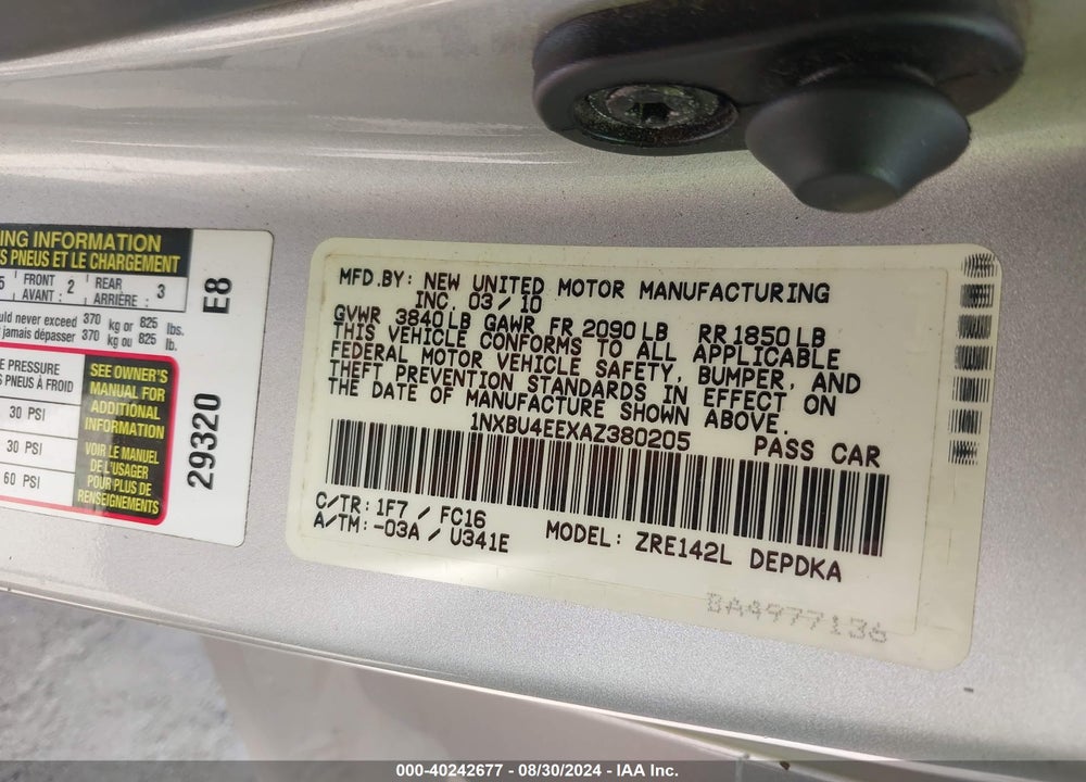 2010 TOYOTA COROLLA LE VIN: 1NXBU4EEXAZ380205
